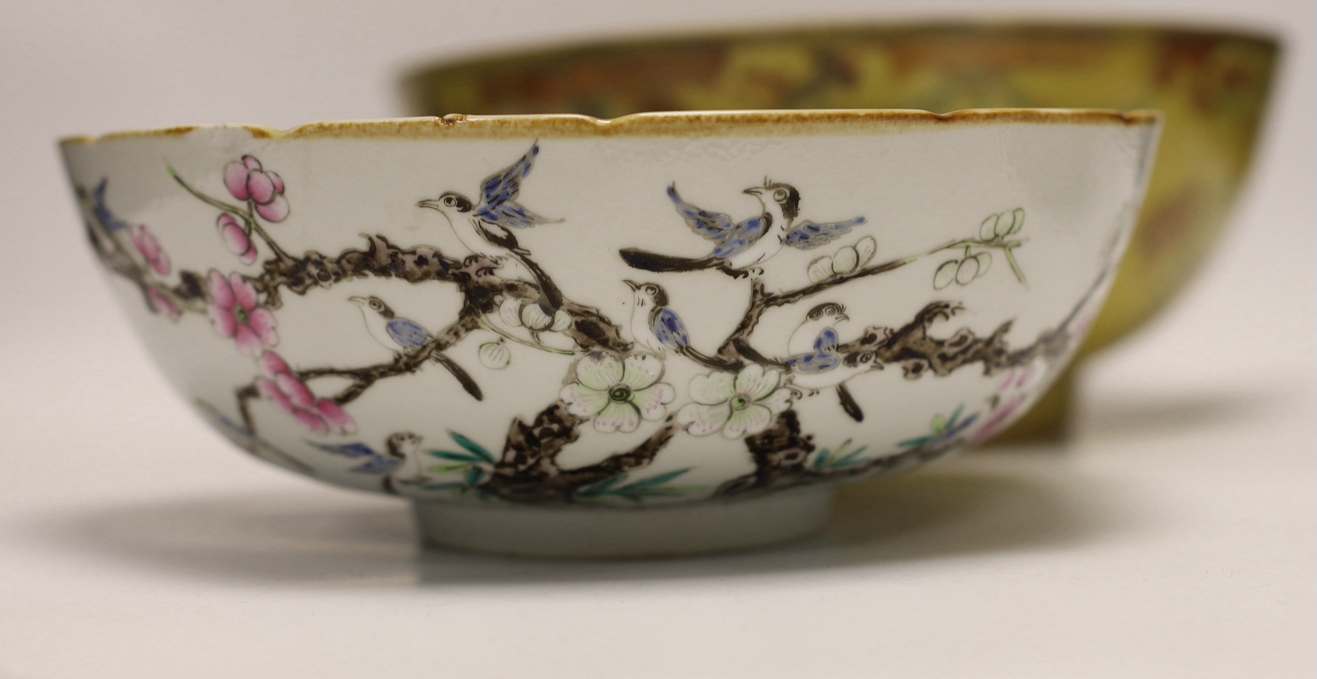 Two Chinese famille rose bowls and a small jardiniere